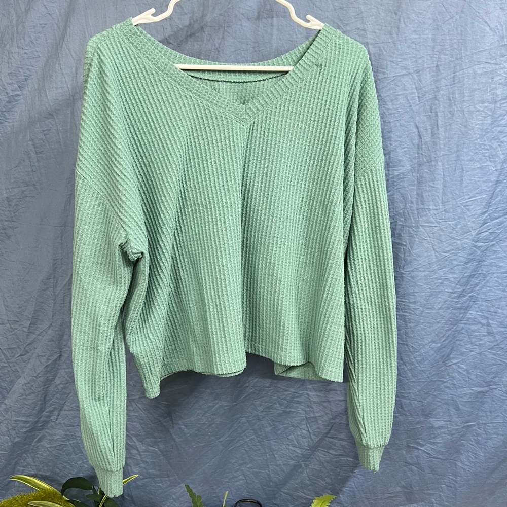Aeropostal Green/ Turquoise Long Sleeve Cozy Waffle Tee